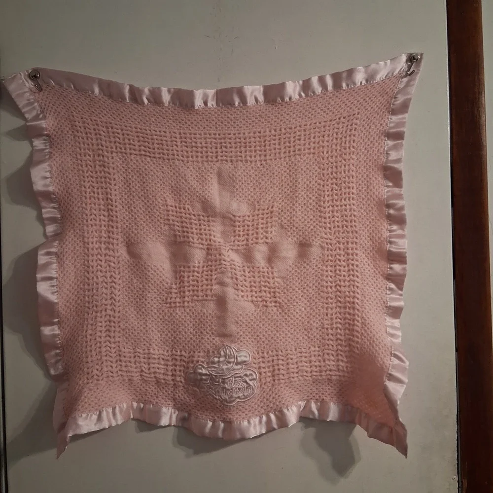 Kidgets Pink Waffle Weave Satin Edge Bless This Baby Blanket 28x29 Thermal Lovey